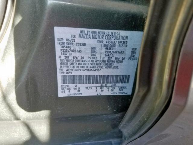 4F2CU09162KM64365 - 2002 MAZDA TRIBUTE LX GREEN photo 10