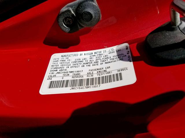 JNKCV64E78M119917 - 2008 INFINITI G37 BASE RED photo 10