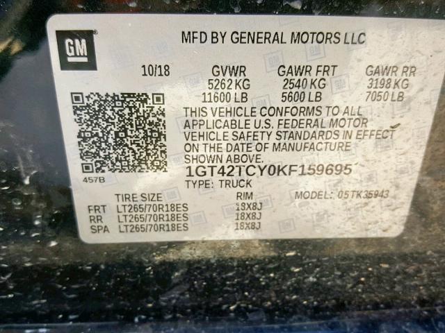 1GT42TCY0KF159695 - 2019 GMC SIERRA K35 BLUE photo 10