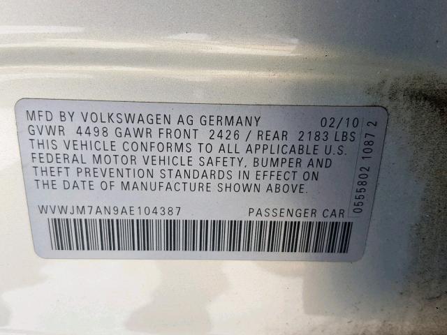 WVWJM7AN9AE104387 - 2010 VOLKSWAGEN PASSAT KOM SILVER photo 10