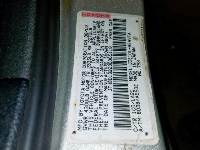 JTHBD192230065118 - 2003 LEXUS IS 300 SILVER photo 10