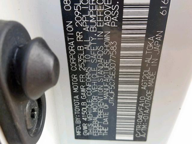 JTKJF5C75E3077583 - 2014 TOYOTA SCION TC 白色 照片 10