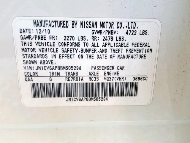 JN1CV6AP8BM505294 - 2011 INFINITI G37 BASE WHITE photo 10