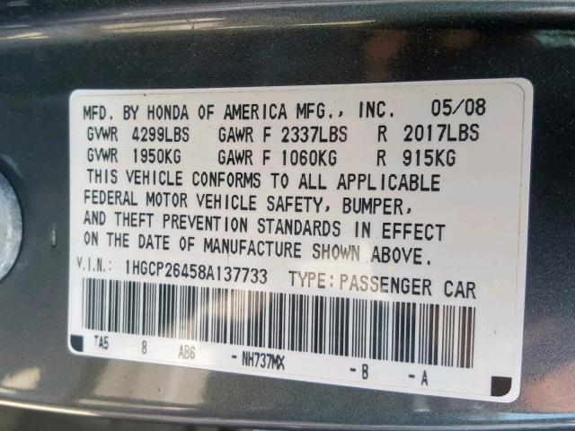 1HGCP26458A137733 - 2008 HONDA ACCORD LXP GRAY photo 10