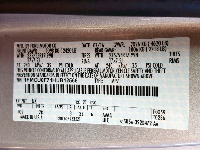 1FMCU0F71HUB12568 - 2017 FORD ESCAPE S SILVER photo 10