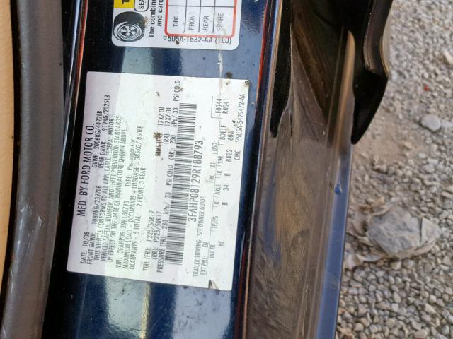 3FAHP08129R188793 - 2009 FORD FUSION SEL BLUE photo 10