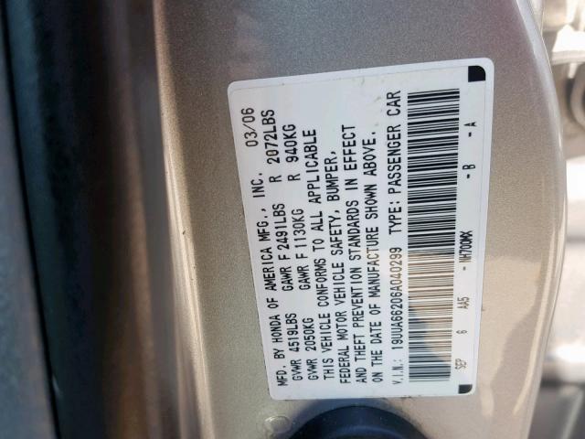 19UUA66206A040299 - 2006 ACURA 3.2TL SILVER photo 10