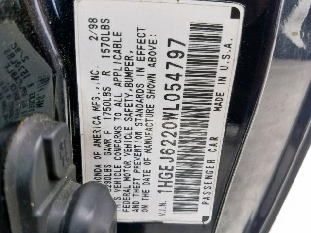 1HGEJ6220WL054797 - 1998 HONDA CIVIC DX BLACK photo 10