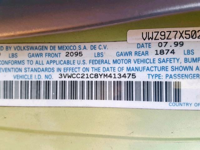 3VWCC21C8YM413475 - 2000 VOLKSWAGEN NEW BEETLE მწვანე ფოტო 10