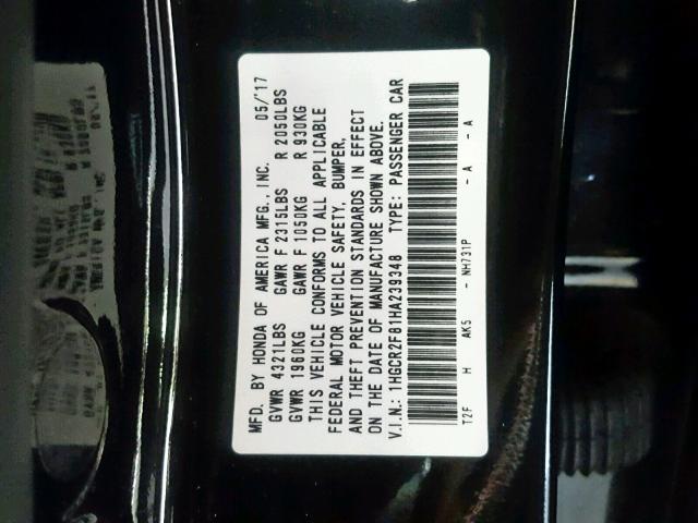 1HGCR2F81HA239348 - 2017 HONDA ACCORD EXL BLACK photo 10