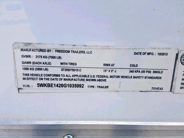 5WKBE1426G1035992 - 2016 FREE TRAILER WHITE photo 10