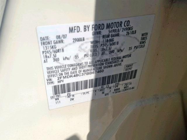 2FMDK48C37BB67460 - 2007 FORD EDGE SEL WHITE photo 10