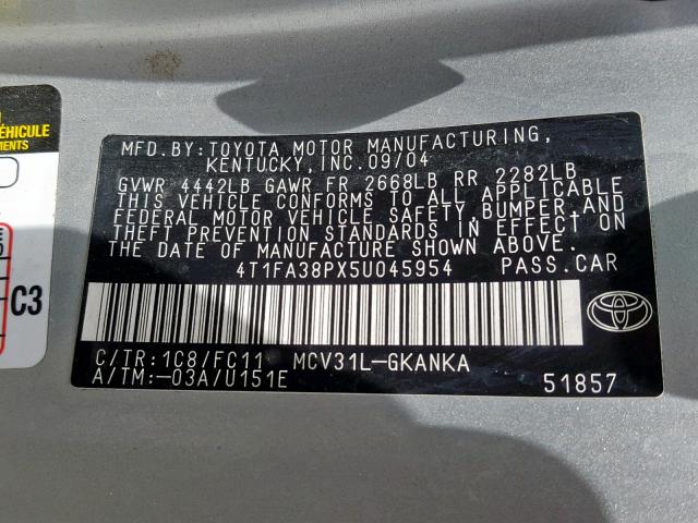 4T1FA38PX5U045954 - 2005 TOYOTA CAMRY SOLA SILVER photo 10