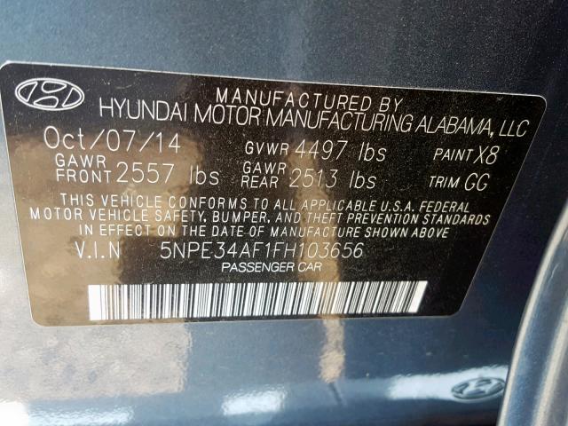 5NPE34AF1FH103656 - 2015 HYUNDAI SONATA SPO BLUE photo 10