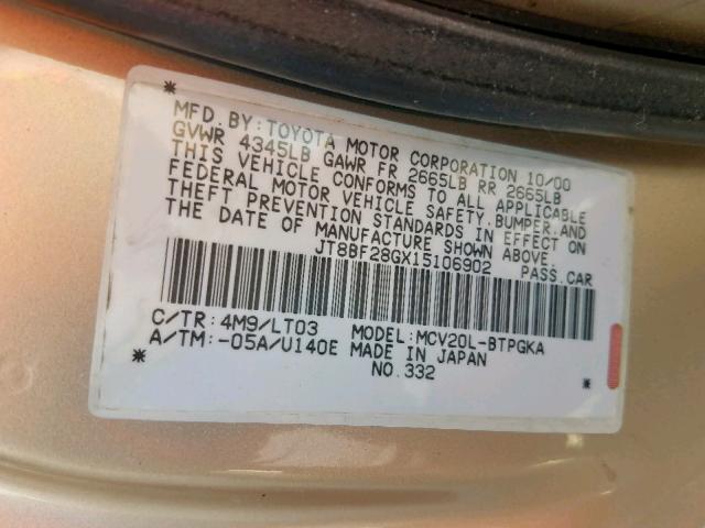 JT8BF28GX15106902 - 2001 LEXUS ES 300 TAN photo 10