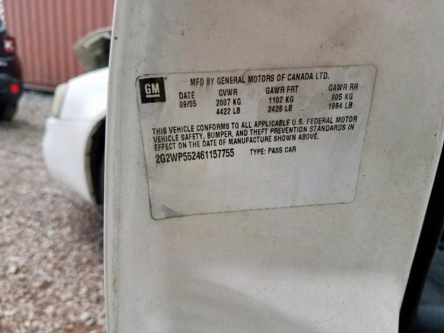 2G2WP552461157755 - 2006 PONTIAC GRAND PRIX WHITE photo 10