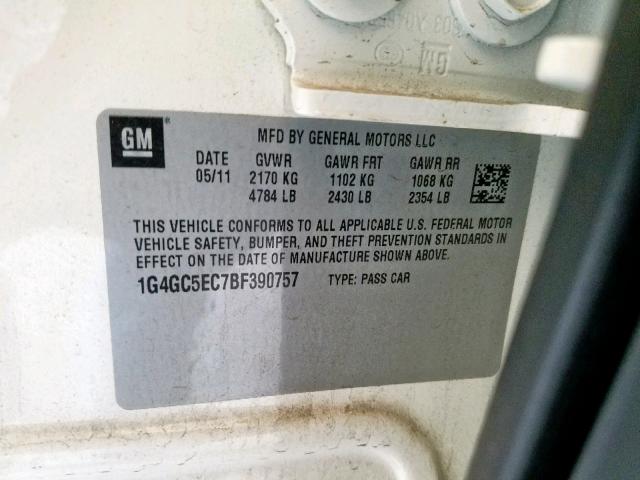 1G4GC5EC7BF390757 - 2011 BUICK LACROSSE C WHITE photo 10