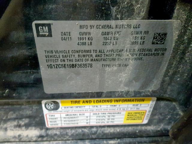 1G1ZC5E19BF363578 - 2011 CHEVROLET MALIBU 1LT BLACK photo 10