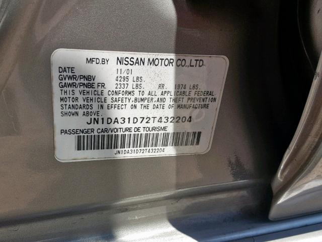 JN1DA31D72T432204 - 2002 NISSAN MAXIMA GXE SILVER photo 10