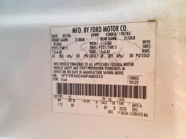 1FTYR10DX6PA80313 - 2006 FORD RANGER WHITE photo 10