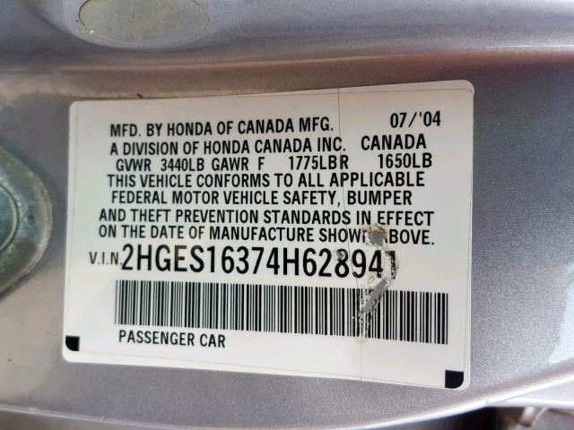 2HGES16374H628941 - 2004 HONDA CIVIC DX V GRAY photo 10