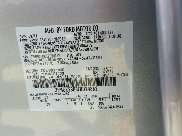 2FMGK5B83EBD24862 - 2014 FORD FLEX SE SILVER photo 10