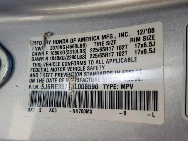 5J6RE38779L008596 - 2009 HONDA CR-V EXL SILVER photo 10