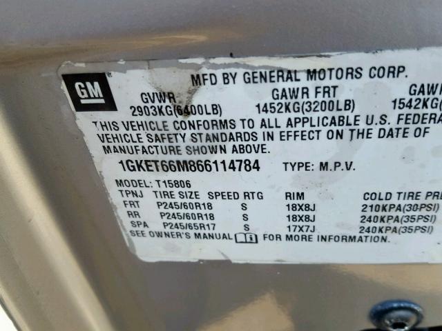 1GKET66M866114784 - 2006 GMC ENVOY DENA GRAY photo 10