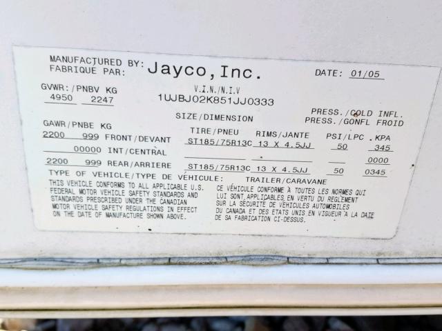 1UJBJ02K851JJ0333 - 2005 JAYCO JAYFEATHER  WHITE photo 10