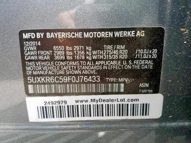 5UXKR6C59F0J76433 - 2015 BMW X5 XDRIVE5 GRAY photo 10