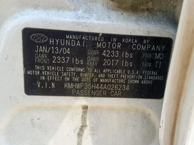 KMHWF35H44A026234 - 2004 HYUNDAI SONATA GLS WHITE photo 10