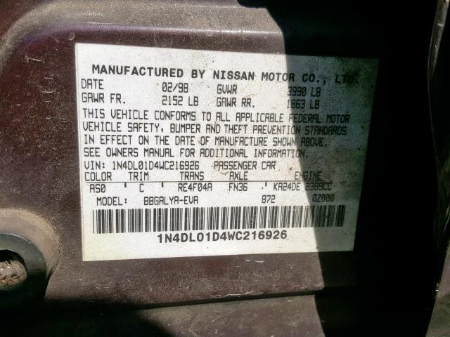 1N4DL01D4WC216926 - 1998 NISSAN ALTIMA XE MAROON photo 10