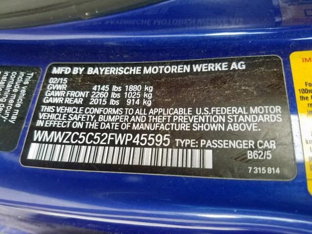 WMWZC5C52FWP45595 - 2015 MINI COOPER S C BLUE photo 10