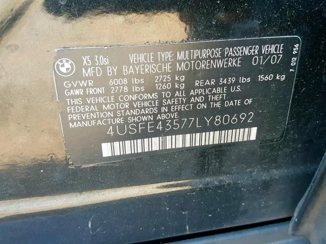 4USFE43577LY80692 - 2007 BMW X5 3.0I BLACK photo 10