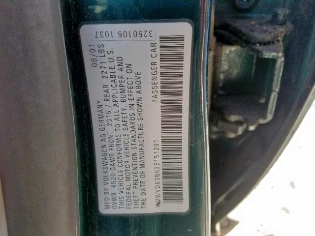 WVWVD63B62E151201 - 2002 VOLKSWAGEN PASSAT GLS GREEN photo 10