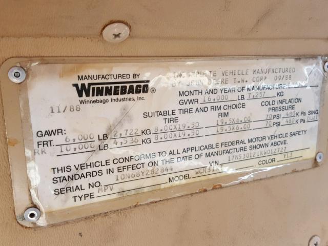 17N530121KW012727 - 1989 WINNEBAGO MOTORHOME TAN photo 10