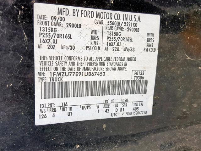 1FMZU77E91UB67453 - 2001 FORD EXPLORER BLACK photo 10