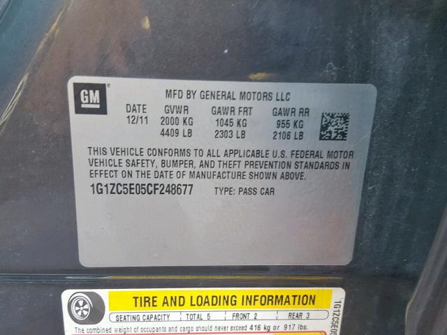 1G1ZC5E05CF248677 - 2012 CHEVROLET MALIBU 1LT GRAY photo 10