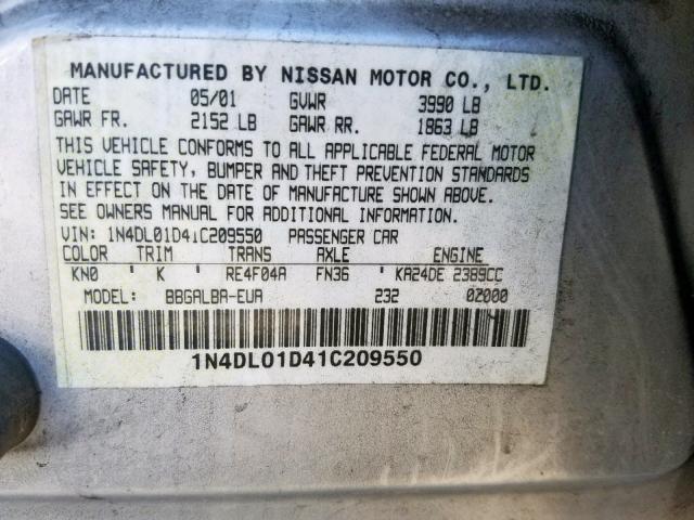 1N4DL01D41C209550 - 2001 NISSAN ALTIMA XE GRAY photo 10