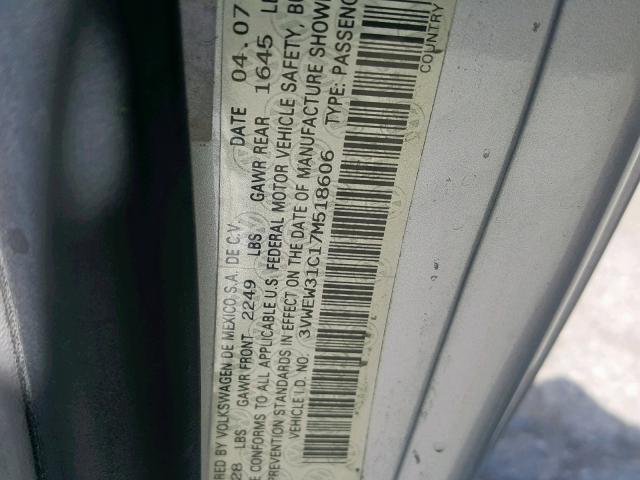 3VWEW31C17M518606 - 2007 VOLKSWAGEN NEW BEETLE GRAY photo 10