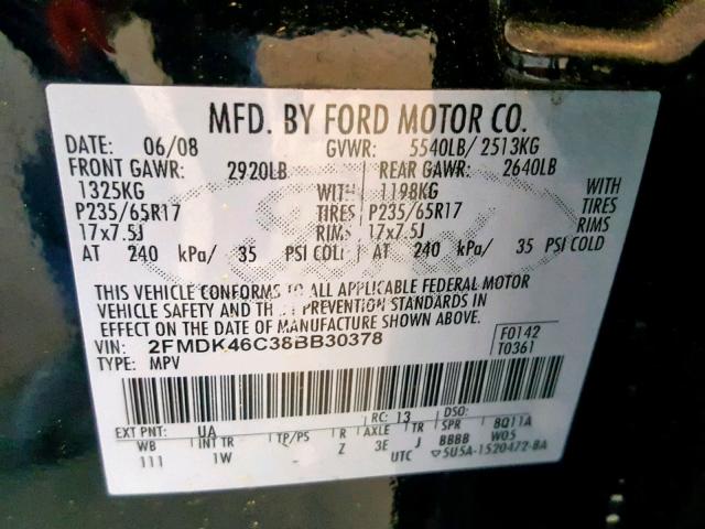 2FMDK46C38BB30378 - 2008 FORD EDGE SE BLACK photo 10