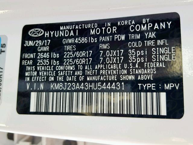 KM8J23A43HU544431 - 2017 HYUNDAI TUCSON SE WHITE photo 10