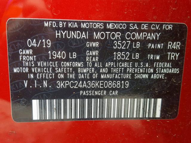 3KPC24A36KE086819 - 2019 HYUNDAI ACCENT SE RED photo 10