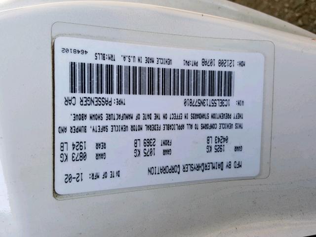 1C3EL55T13N577810 - 2003 CHRYSLER SEBRING LX WHITE photo 10