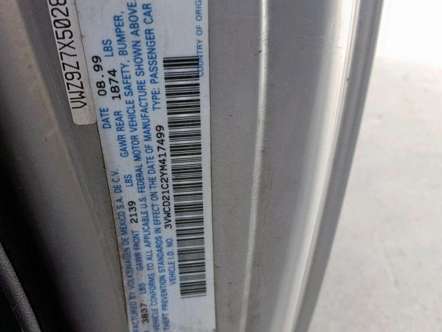 3VWCD21C2YM417499 - 2000 VOLKSWAGEN NEW BEETLE ვერცხლისფერი ფოტო 10