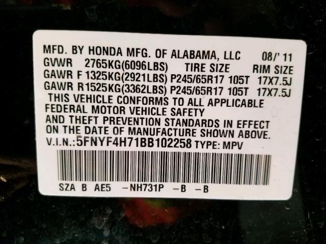 5FNYF4H71BB102258 - 2011 HONDA PILOT EXLN BLACK photo 10