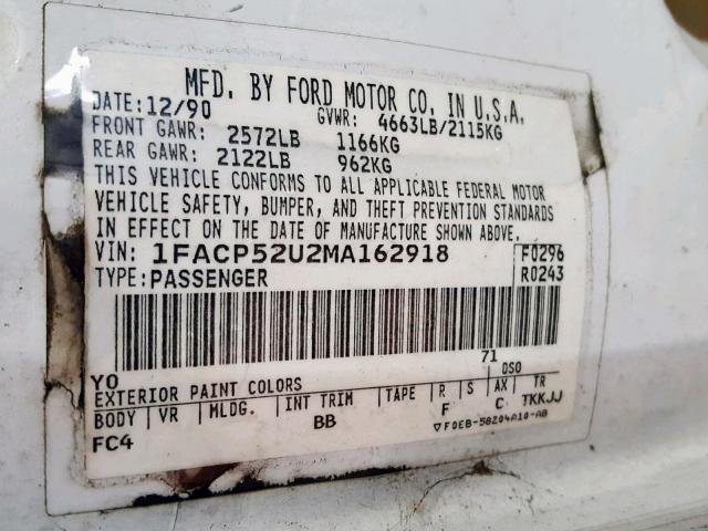 1FACP52U2MA162918 - 1991 FORD TAURUS GL WHITE photo 10