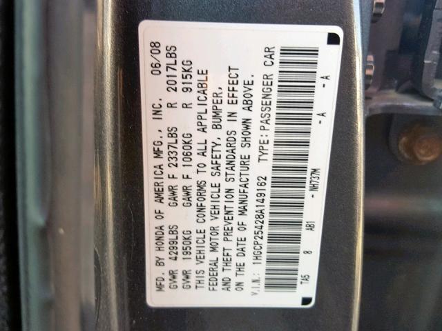 1HGCP25428A149162 - 2008 HONDA ACCORD LXP GRAY photo 10