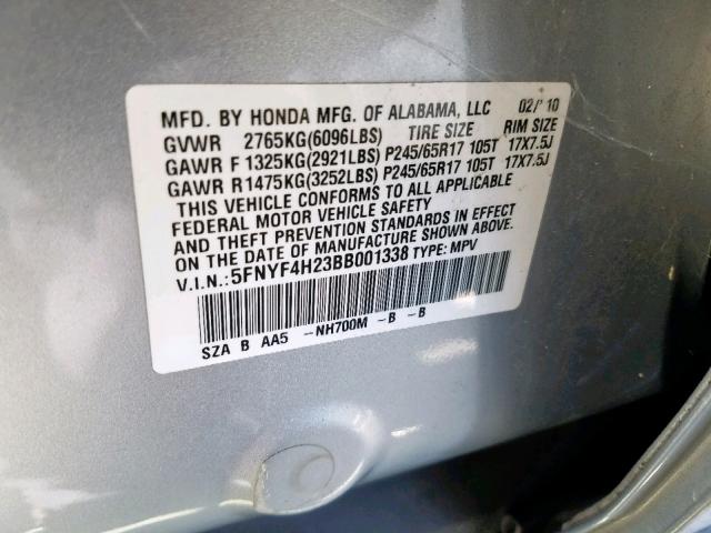 5FNYF4H23BB001338 - 2011 HONDA PILOT LX SILVER photo 10