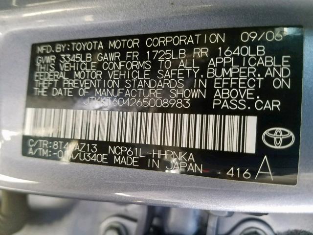 JTKKT604265008983 - 2006 TOYOTA SCION XA BLUE photo 10